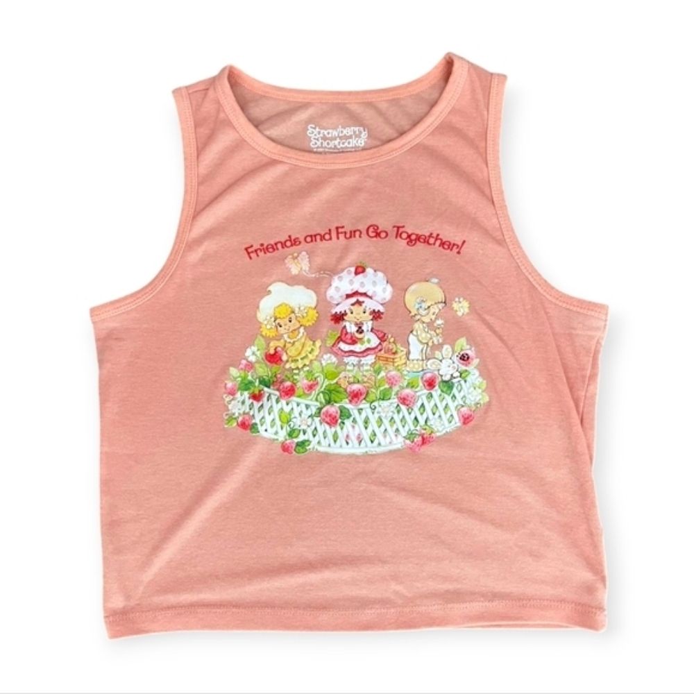 New Womens Strawberry Shortcake Tank Top Shrunken Sleeveless Graphic Crop Top